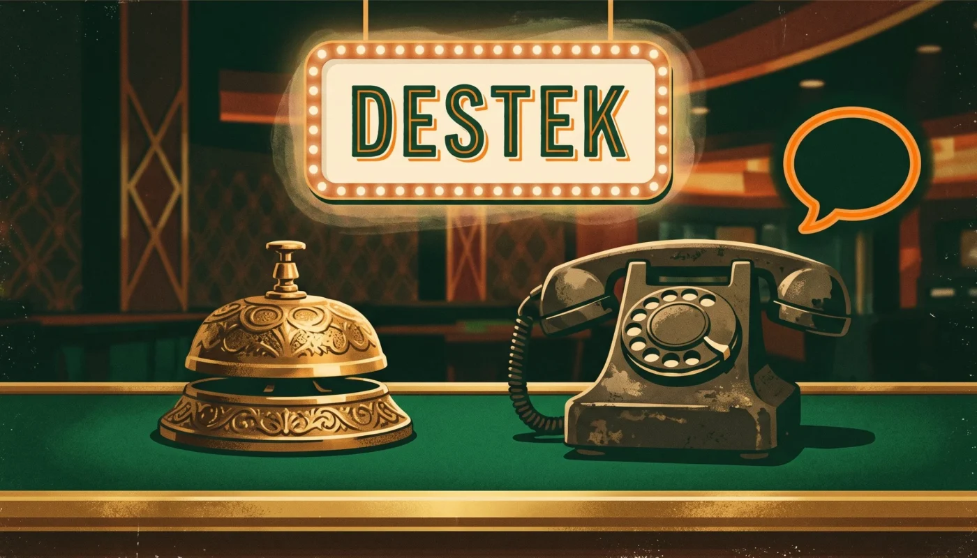 DaVegas destek masasında pirinç servis zili, eski telefon ve ışıklı Destek tabelası
